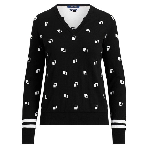 Polo Golf Ralph Lauren Large V-Neck Pullover‎ Sweater Black Whit Print Cotton - Picture 4 of 13